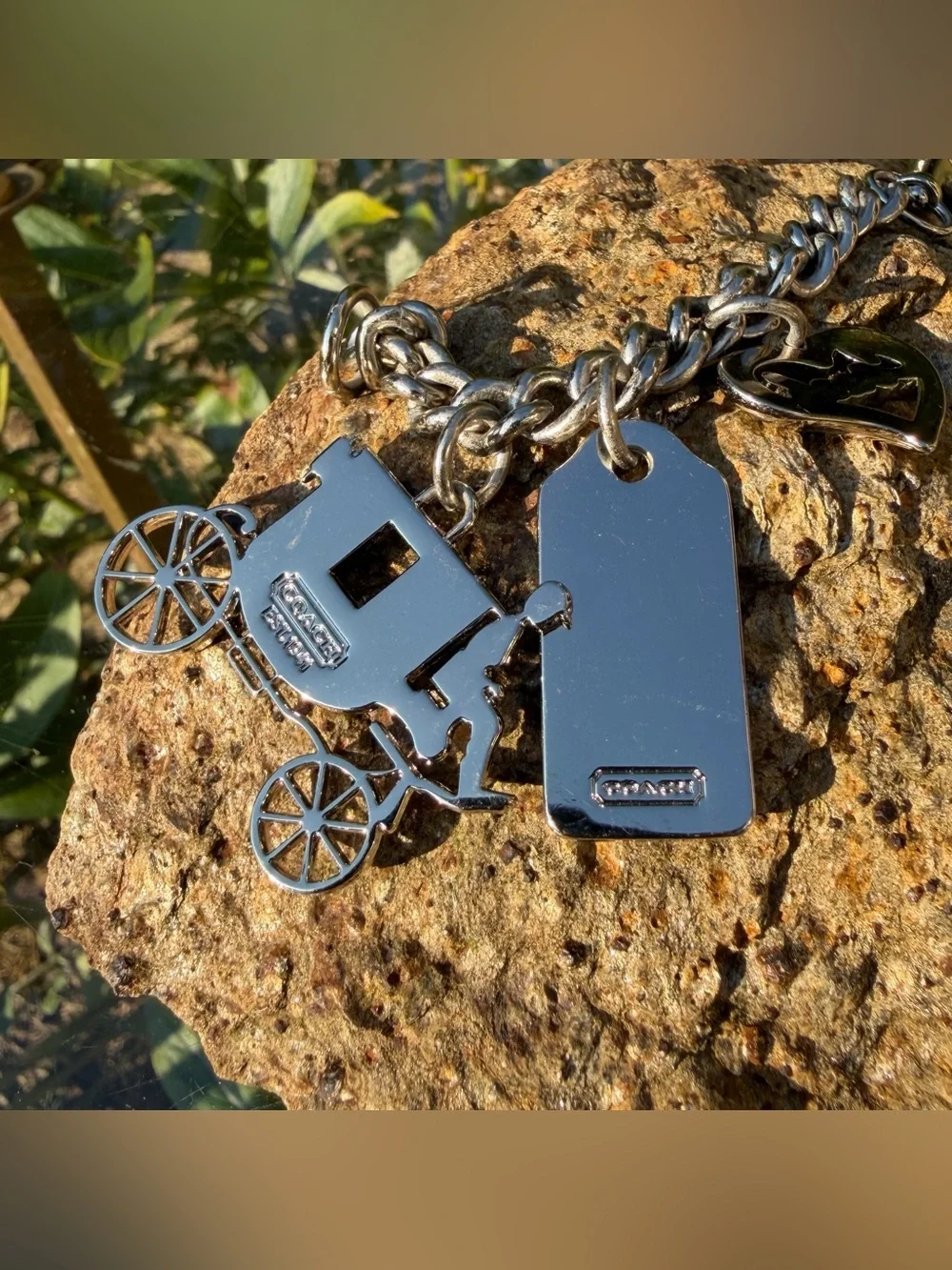 COACH Vintage Silver-Tone Horse & Carriage Multi-Charm Chain Keychain Bag Charm